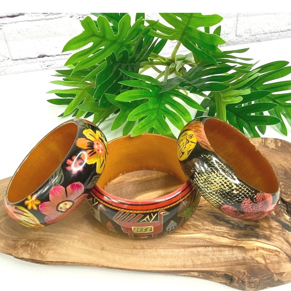 Unbranded Hand Painted Wood Bangle Bracelet Set Women‎ OS Multicolor Boho Stack